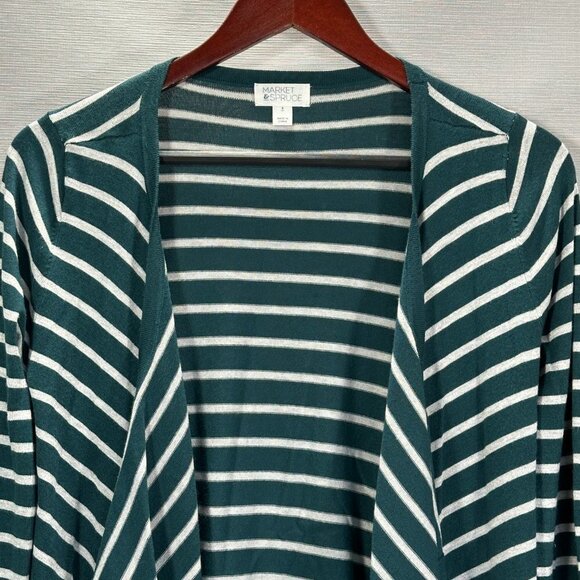 Market & Spruce Sweater Womens Small Cardigan Green Stripe Stretch Knit Open - Picture 2 of 8